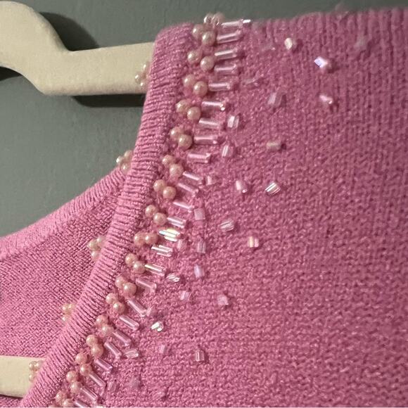 Vintage Carolyn Taylor Barbie Pink Spring Sweater Beaded Neck Detail Knit, Large - Picture 5 of 8